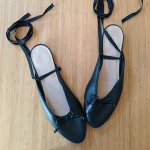 Black Ankle-Tie Ribbon Ballet Flat Mule